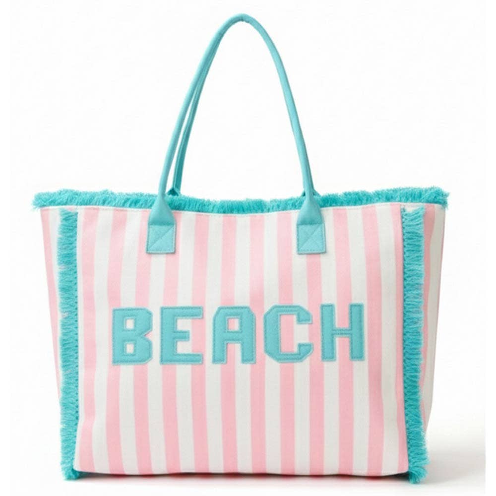 BEACH Letter Embroidery Terry Cloth Frayed Striped Shoulder Tote Bag