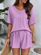 Short Sleeved Collar Bat Sleeve Shirt And Shorts Set