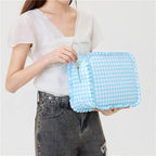 RUFFLE CHECKER STRIPE COSMETIC TRAVEL POUCH BAG | 40P608