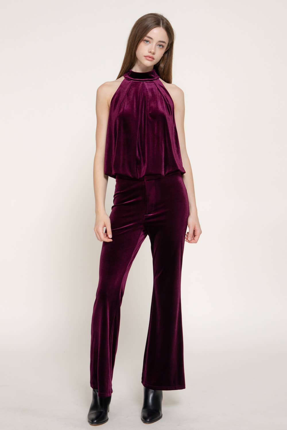 Halter Neck Shirred Hem with Inner Elastic Velvet Top