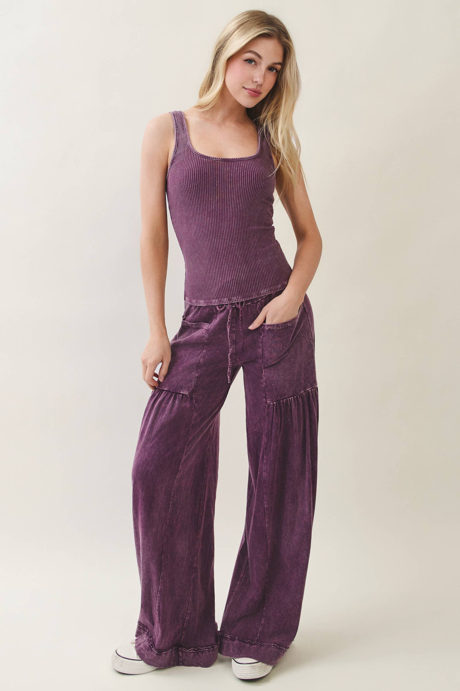 Mineral Washed Boho waist band wideleg cropped pants HP5900