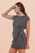 ND31733-Stripe Knit Sleeveless Mini Dress W/ Tie Detail