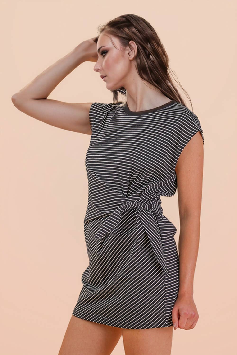 ND31733-Stripe Knit Sleeveless Mini Dress W/ Tie Detail