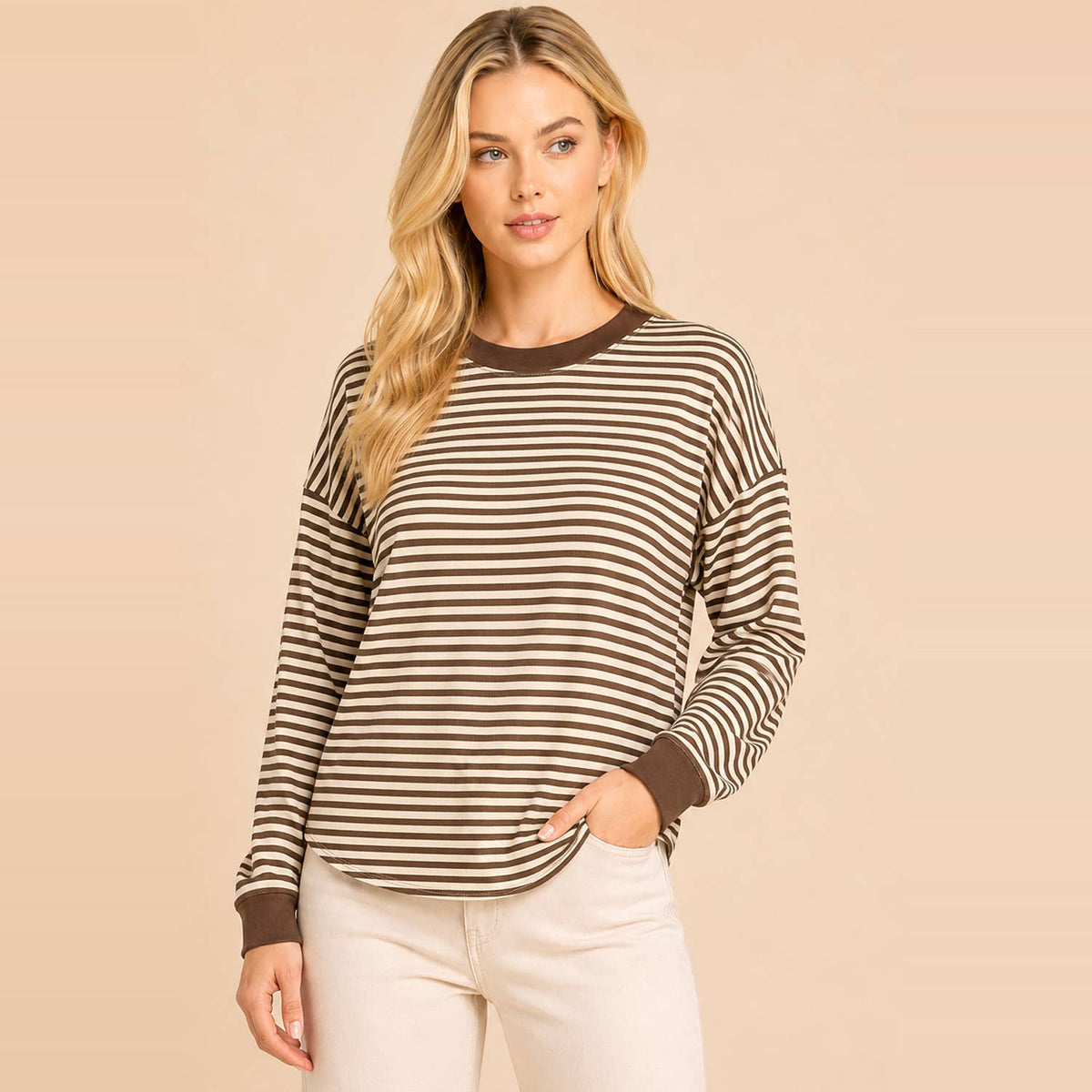 Striped Contrast-Trim Long-Sleeve Top