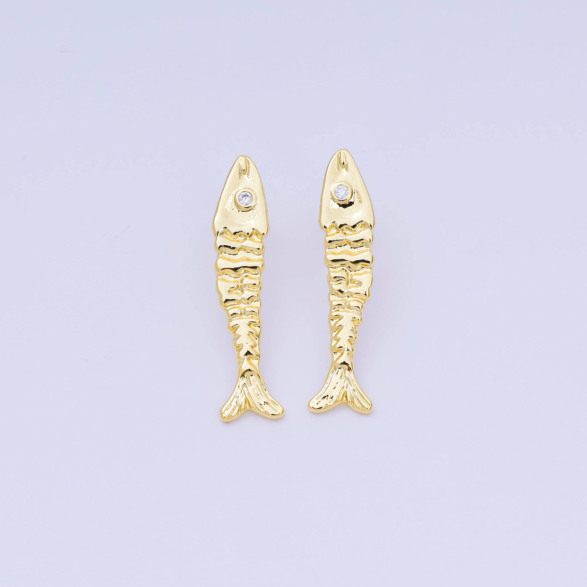 24K Gold Filled 35mm Clear CZ Hammered Fish Stud Earrings | AI549