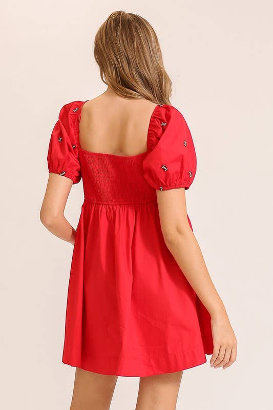 Football Embroidered Game Day Puff Sleeve Dress