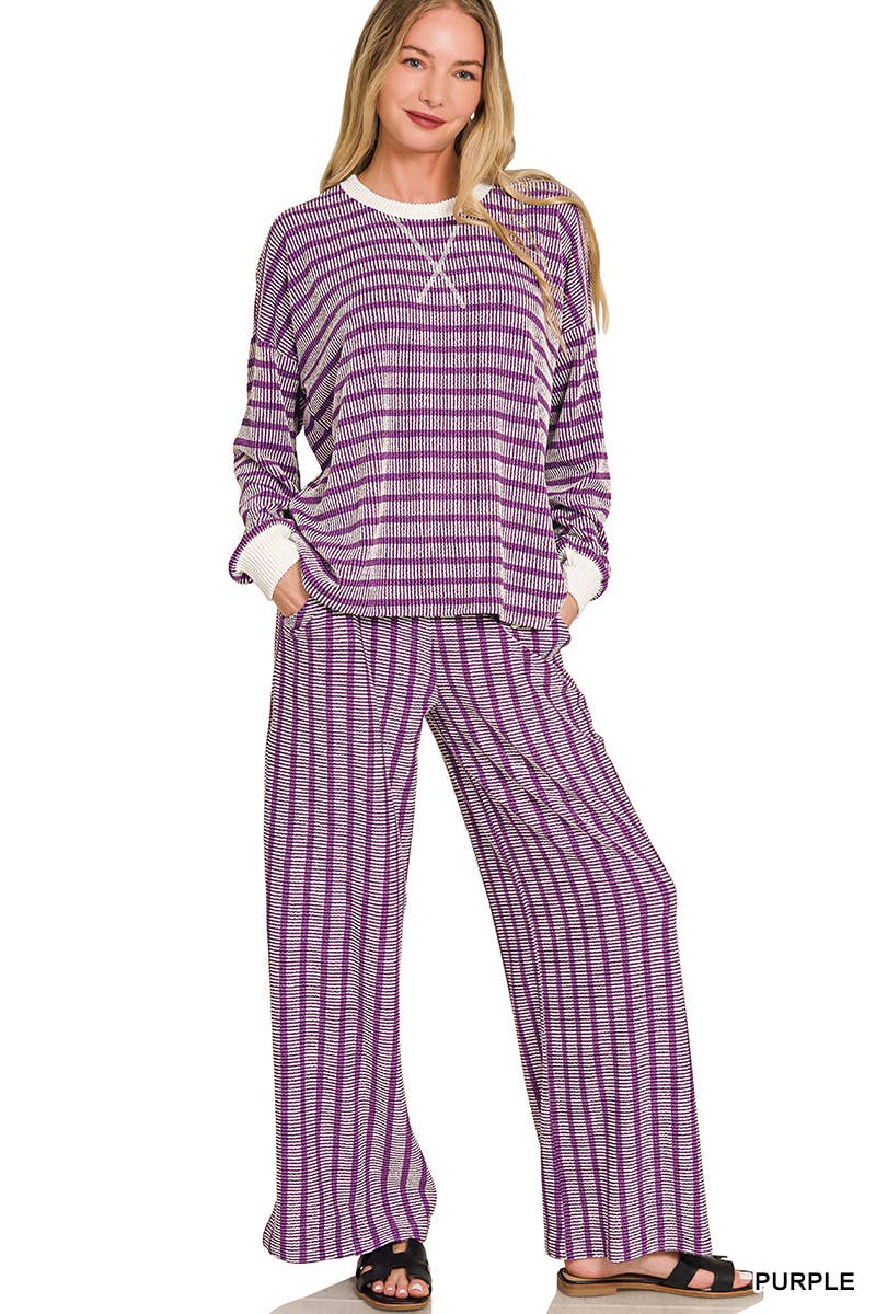 Raised Rib Striped Pullover & Pants 2PC Set