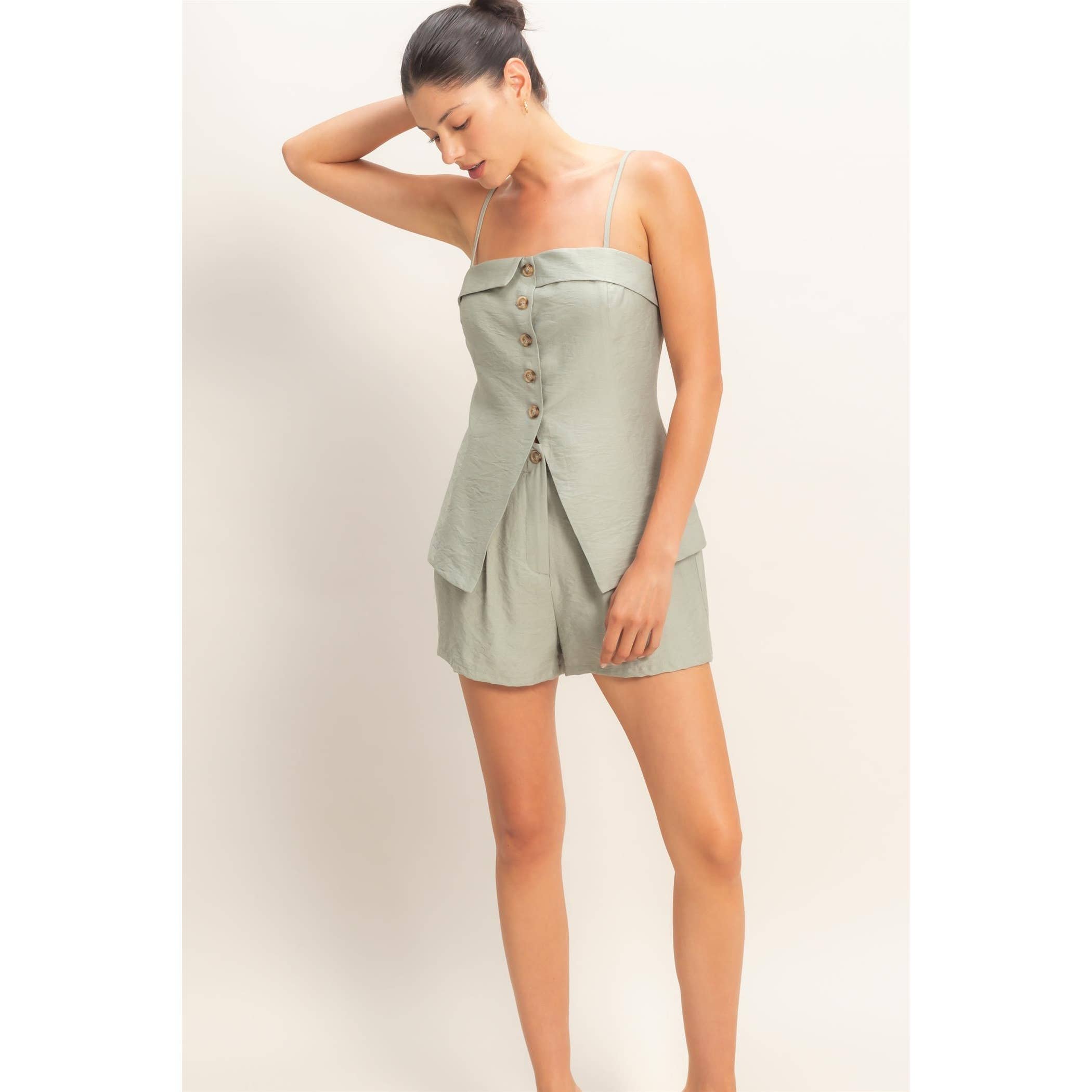 Strap Buttoned Top And Shorts Set