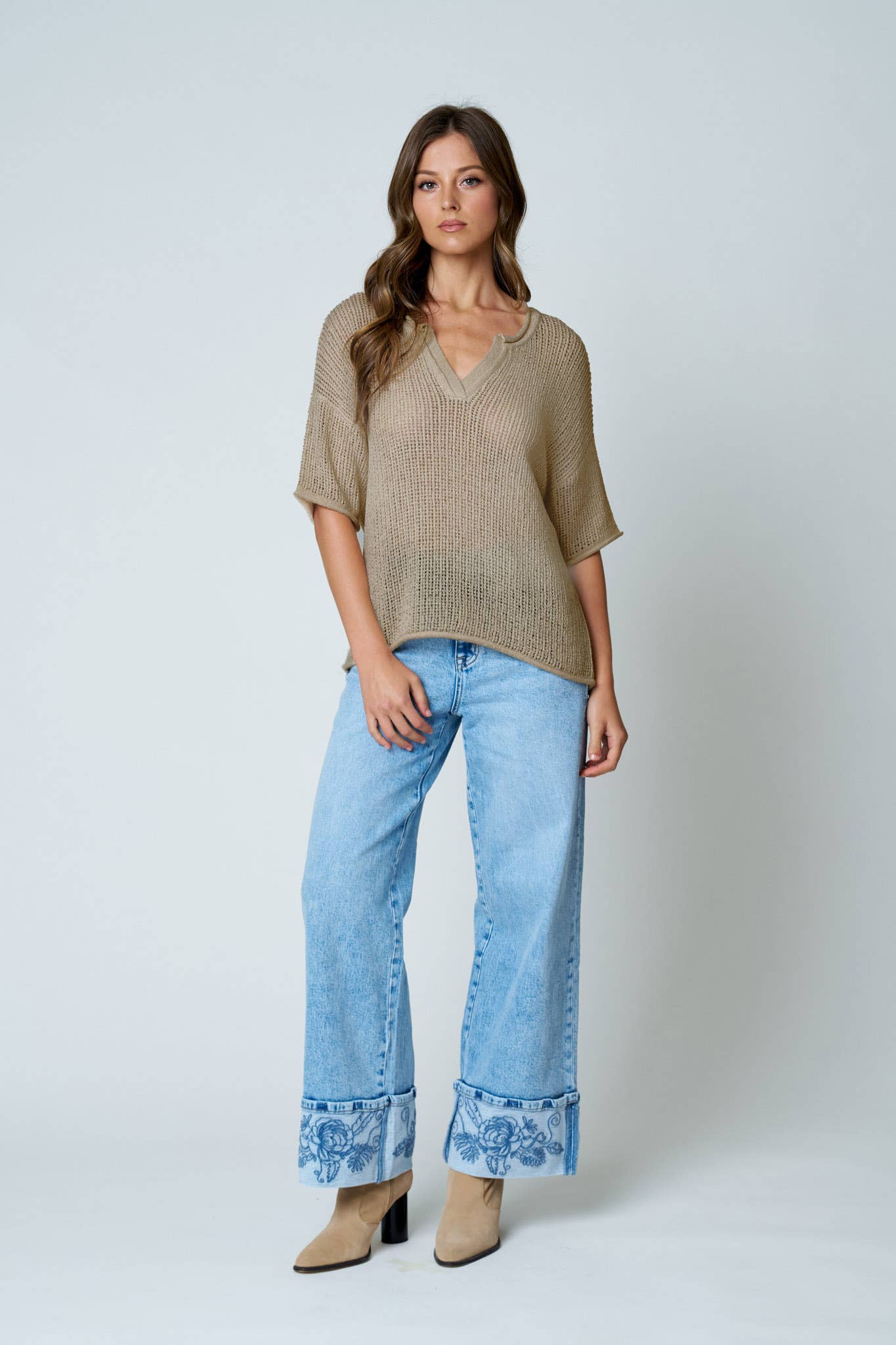 SPLIT NECK SHORT SLEEVE SHEER CROCHET KNIT TOP (PRE-ORDER)
