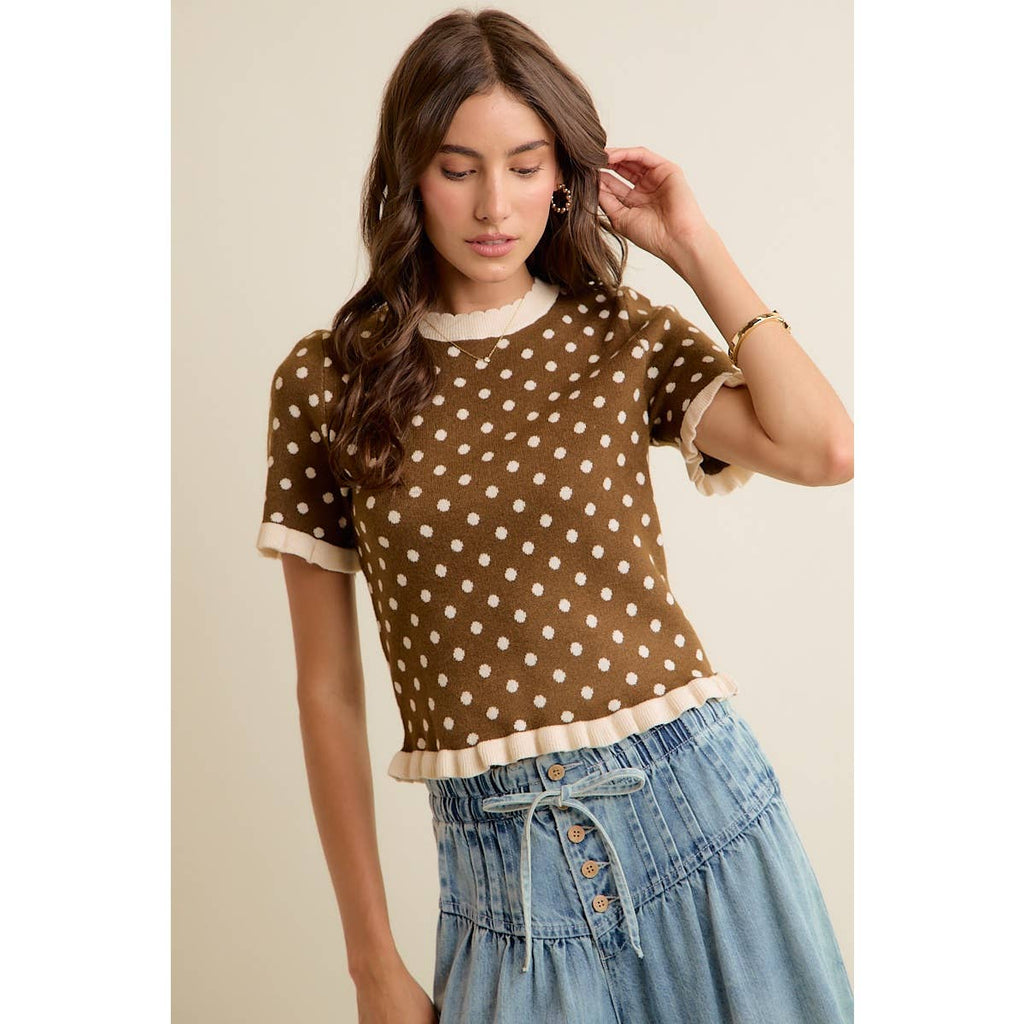 POLKA DOT RUFFLED SHORT SLEEVES SWEATER KNIT TOP