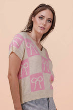 12W3370N-Bow Graphic Knit Summer Sweater Top