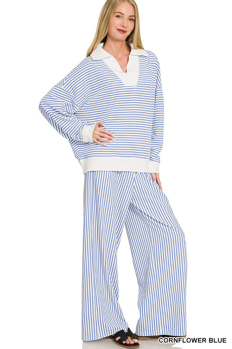 Striped Split Neck Oversized Collared Top & Pants 2PC Set