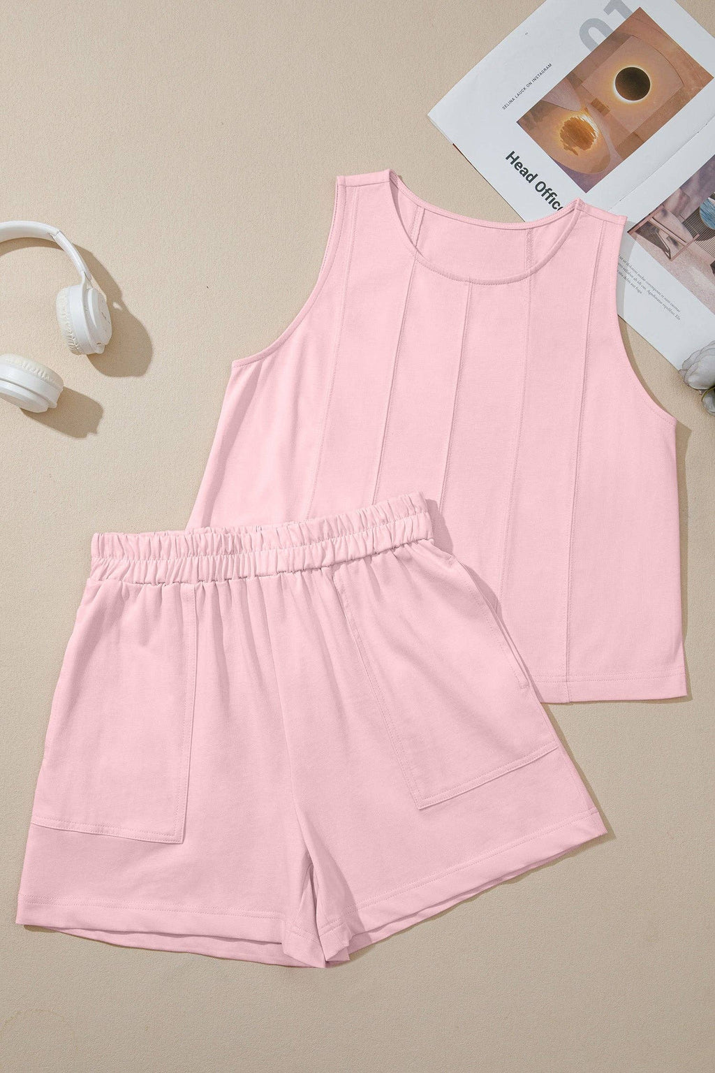 PRETTY BASH Solid Stitched Tank Top & Short Set