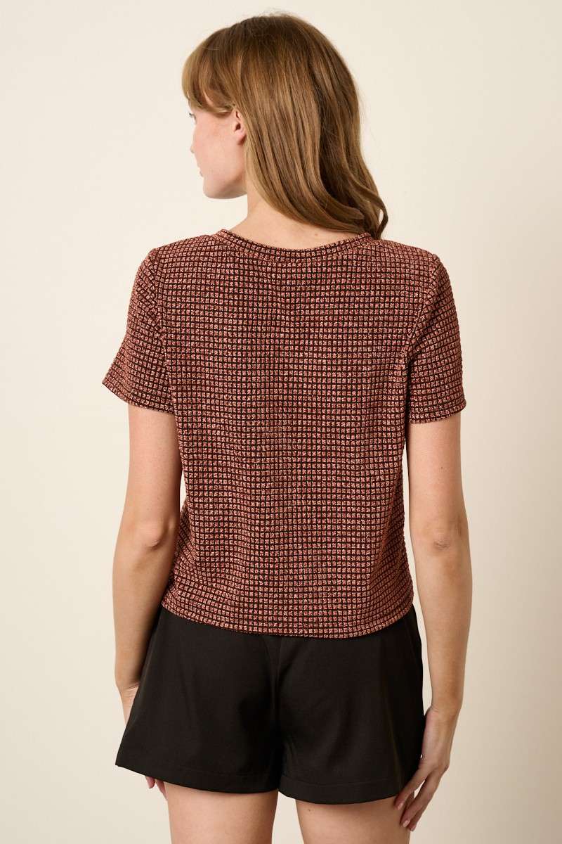 T10373B - GEO PATTERN METALLIC SHORT SLEEVE TOP