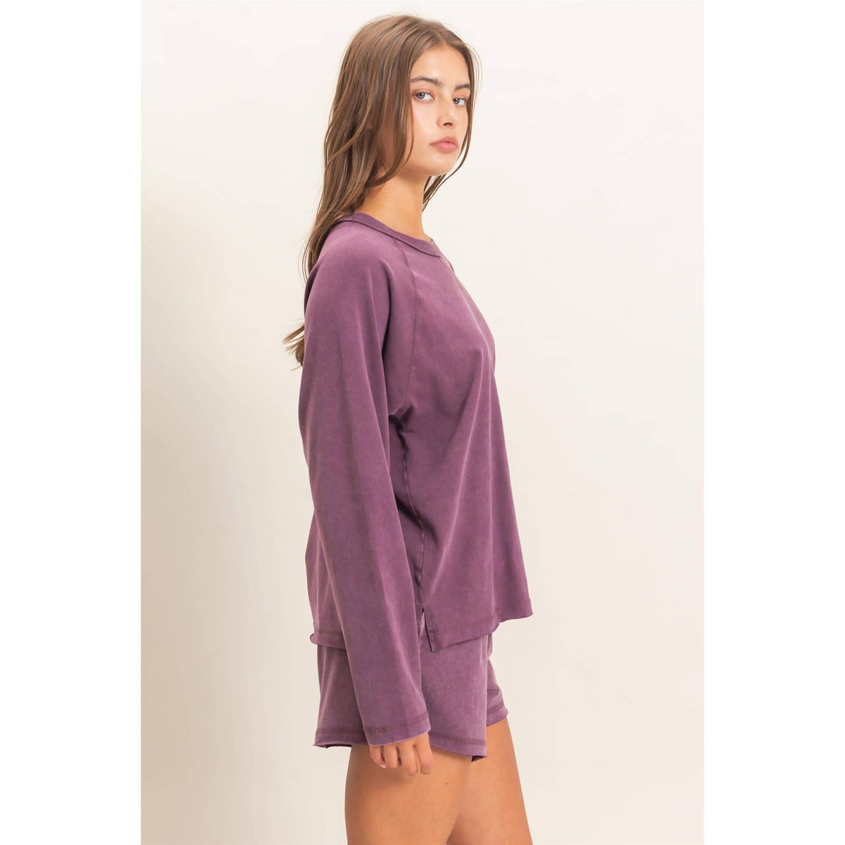 Mineral Wash Long Sleeve Raw Edge Top & Shorts Set