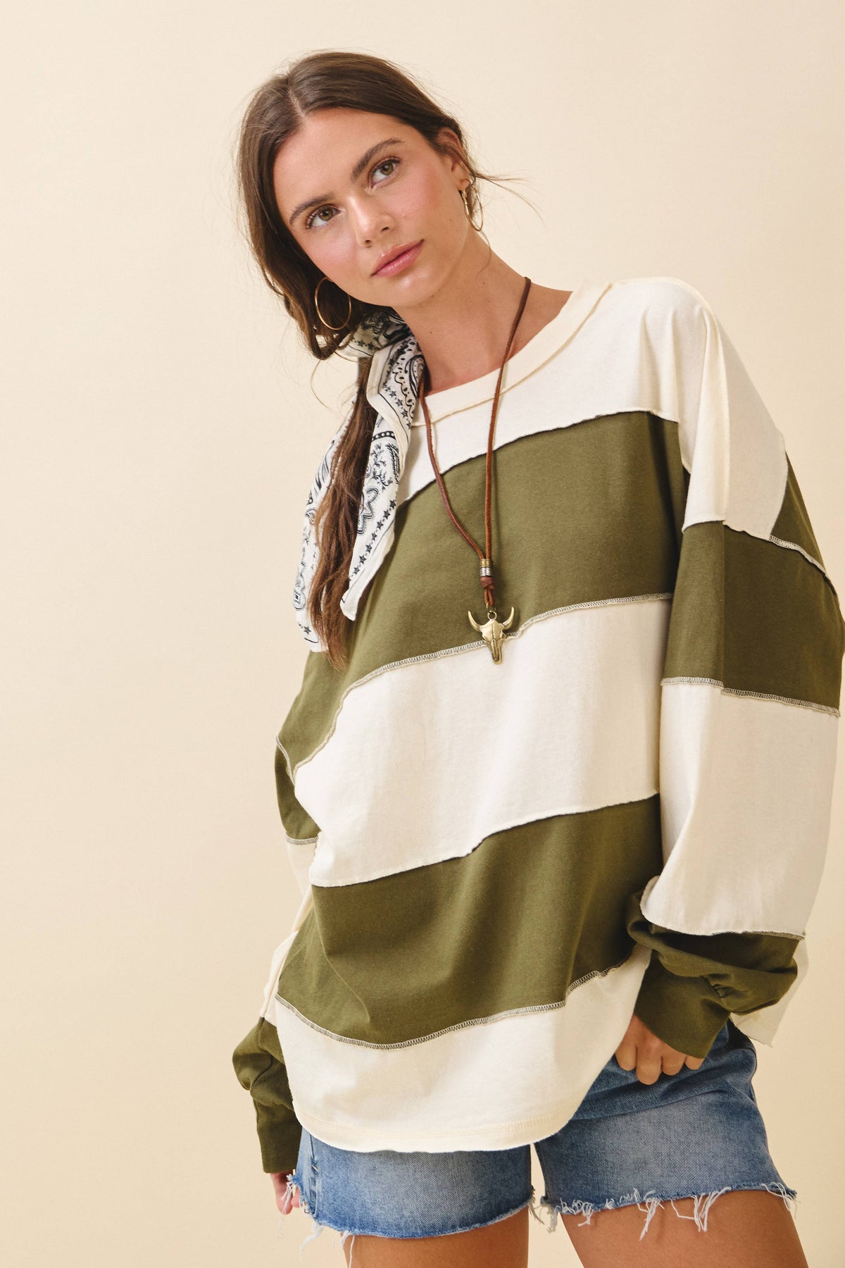 8551GN Contrast Panel Long Sleeve Slouchy Pullover 1