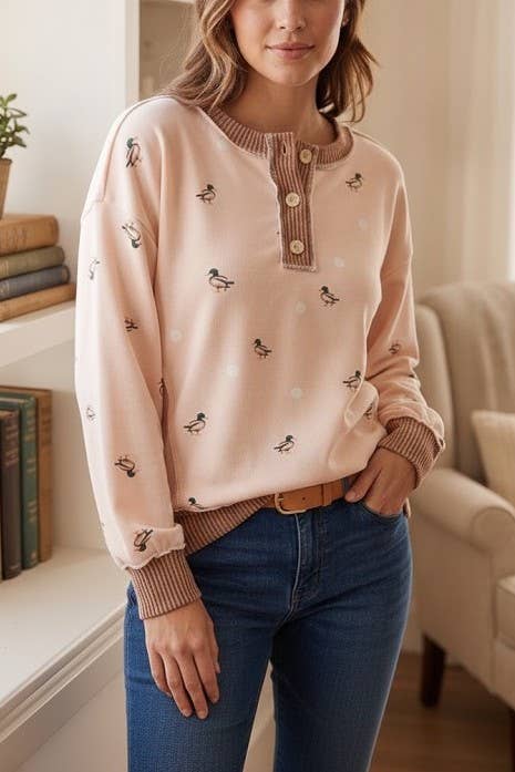 Darling Duck Print Button Neck Top