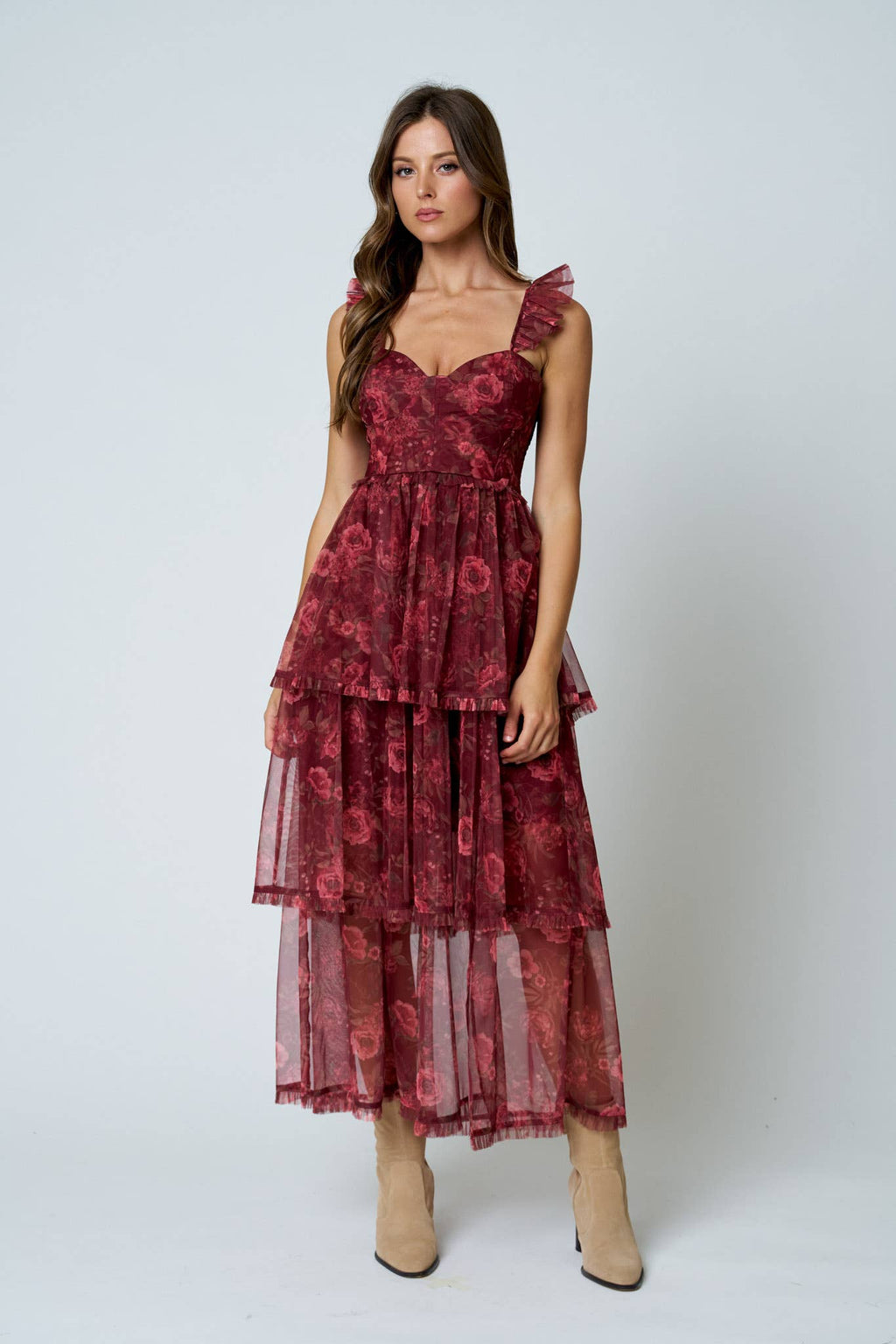 FLORAL CHIFFON RUFFLE TIERED CORSET MIDI DRESS