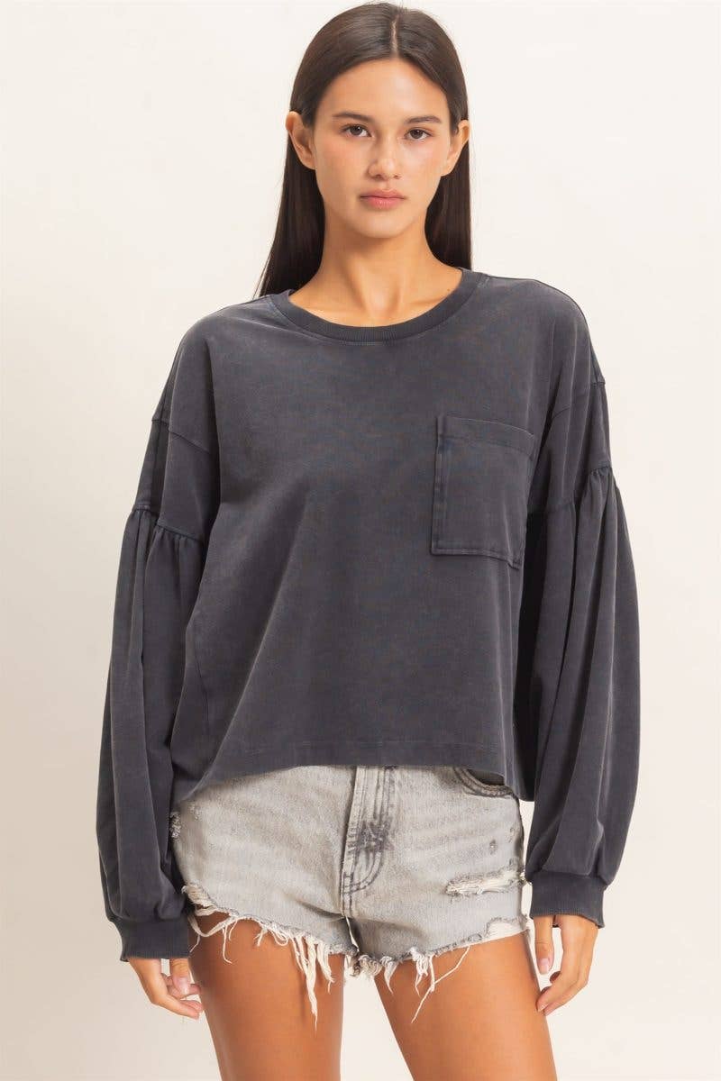 Mineral Wash Puff Long Sleeve Boxy Top