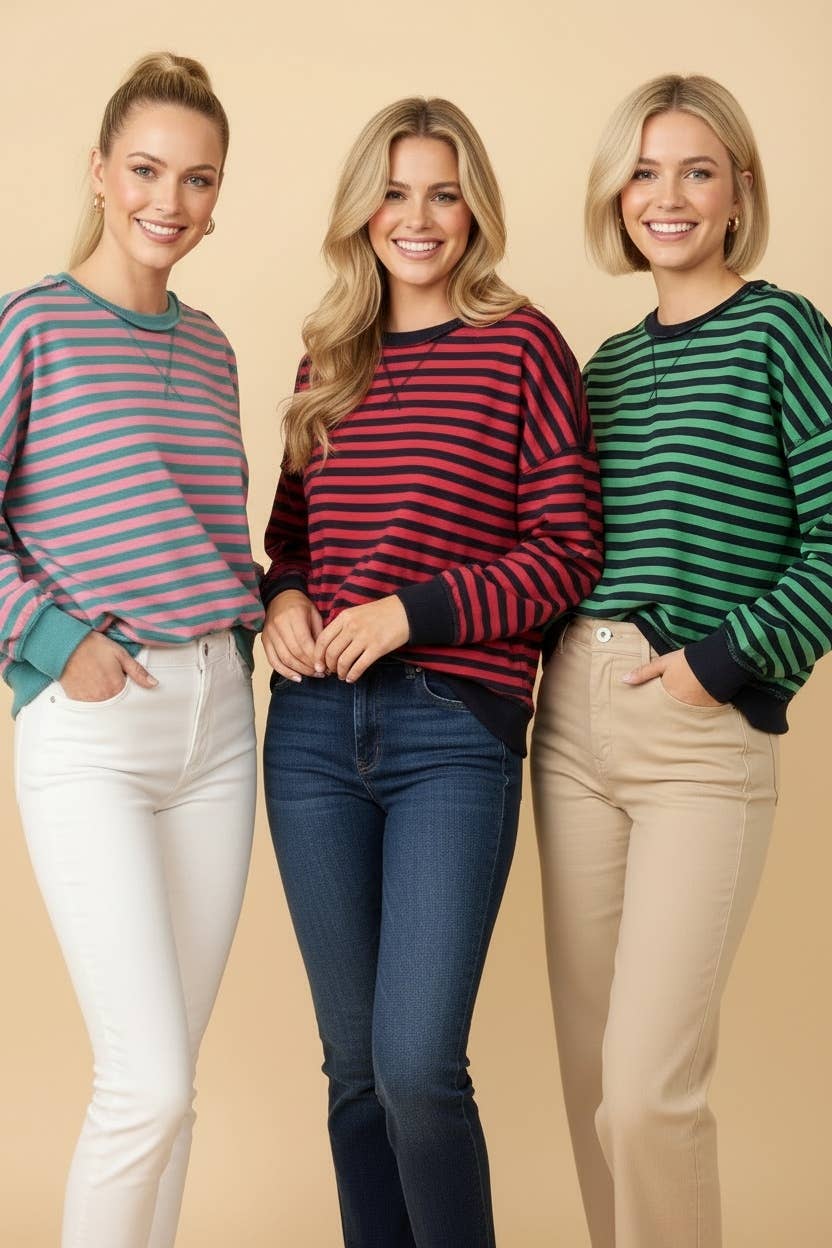 HT20242 Striped Drop-Shoulder Pullover Sweatshirt