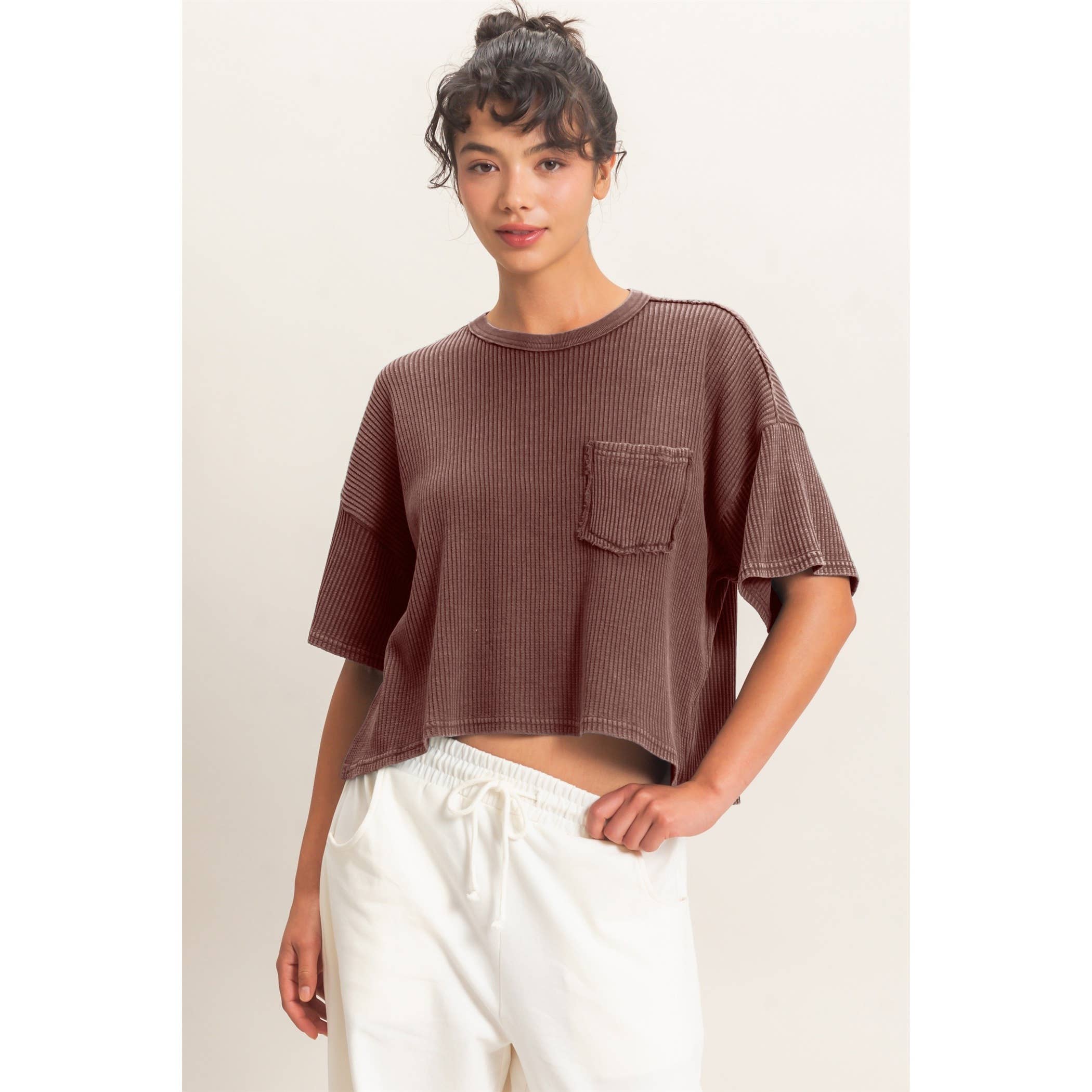 Mineral Wash Waffle Knit Pocket Top