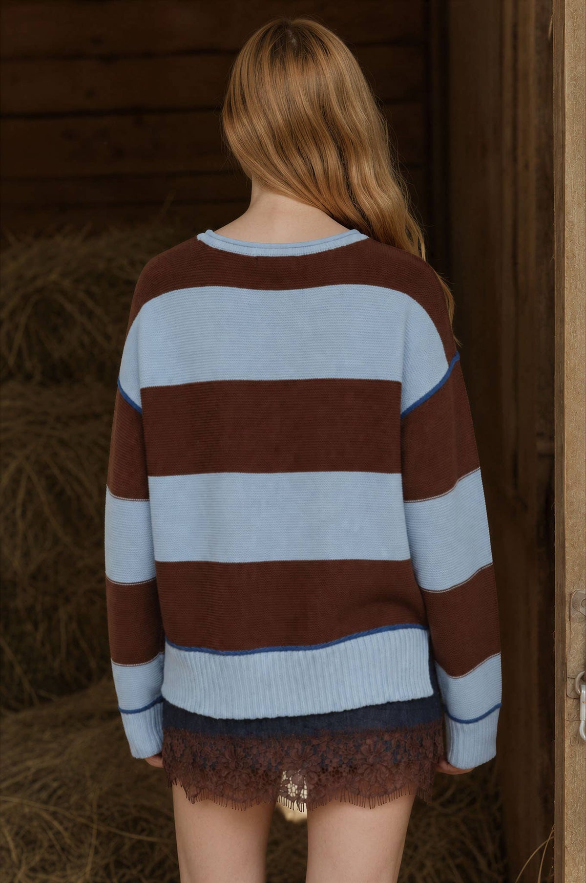 WIDE STRIPE TEXTURED KNIT CONTRAST KNIT CARDIGAN