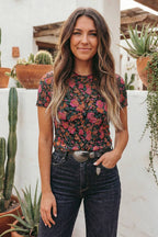 Retro Floral Printed Mesh Western Top