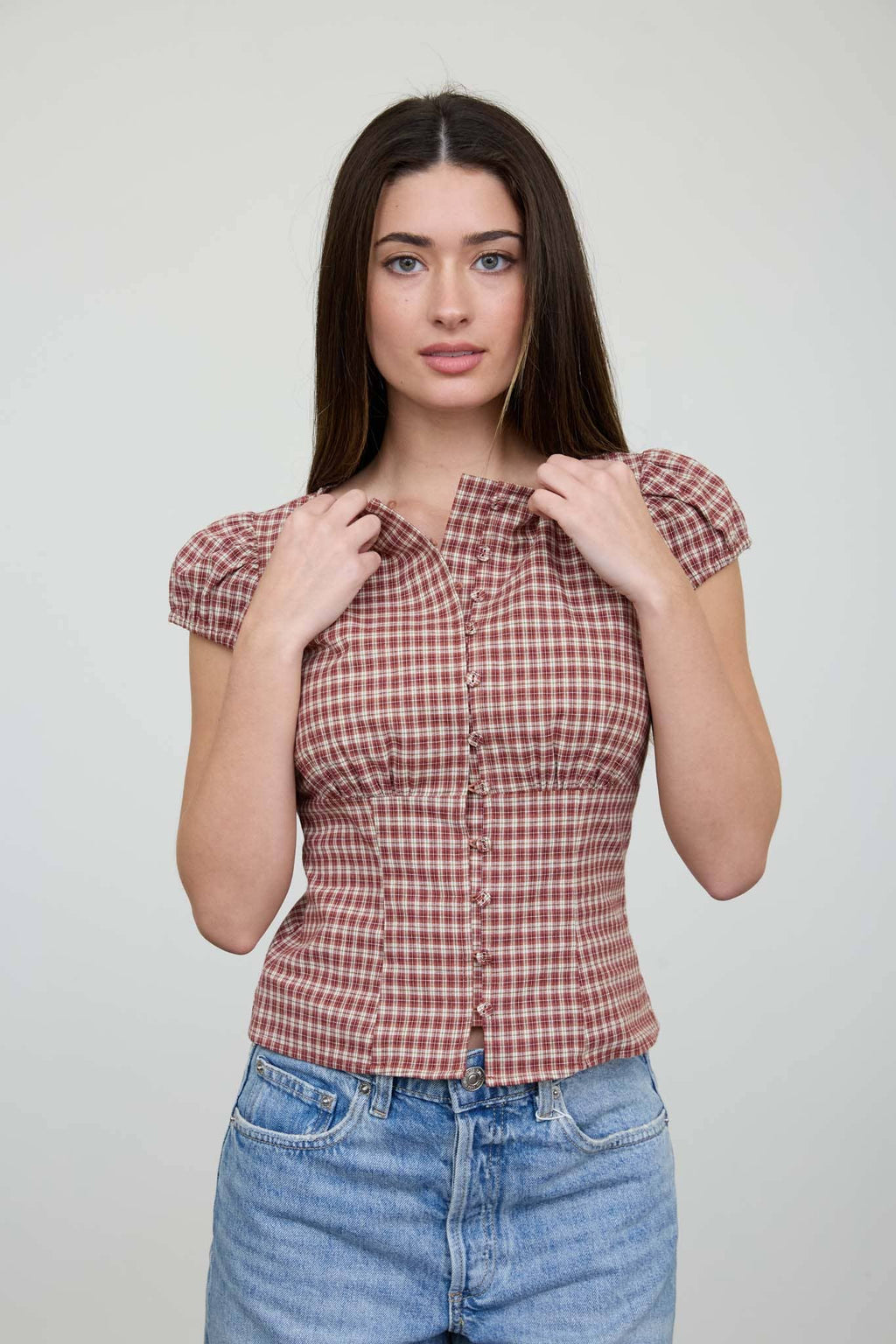 PLAID BUTTON DOWN PUFF SLEEVE CONTOURED WAIST TOP
