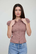 PLAID BUTTON DOWN PUFF SLEEVE CONTOURED WAIST TOP