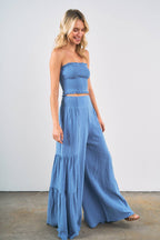 7953SET-Smocked Tube Crop Top with Wide Leg Pants Set