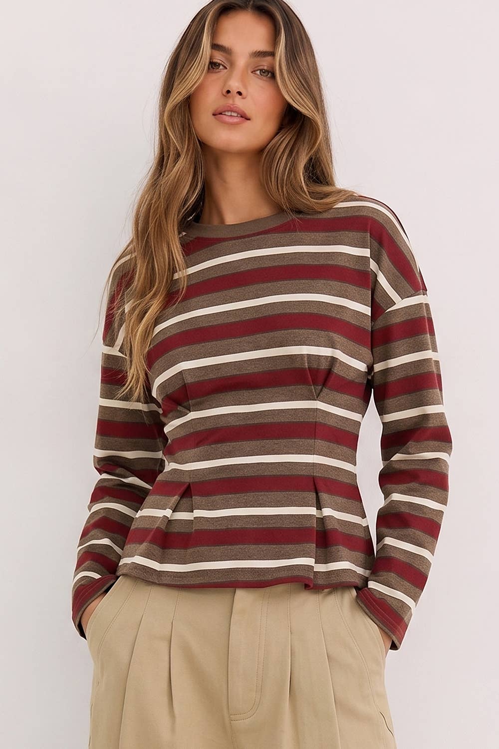 NT12979-Stripe Waist Pleated Top