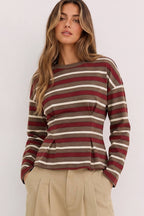 NT12979-Stripe Waist Pleated Top