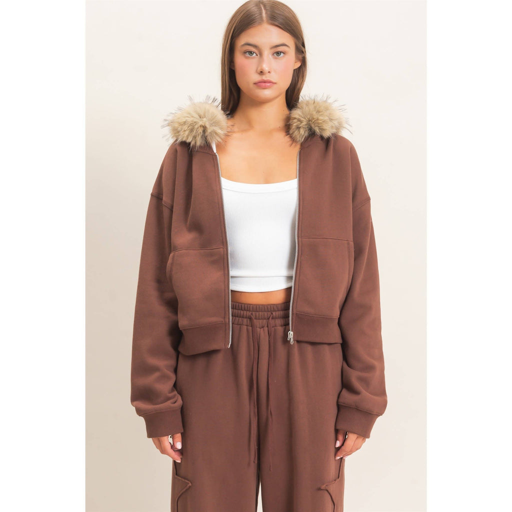 Detachable Fur Zip Up Hoodie