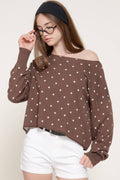 Long Sleeve Asymmetrical Off The Shoulder Dot Sweater Top