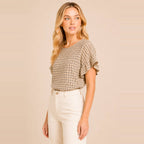 Textured Plaid Ruffle Sleeve Top