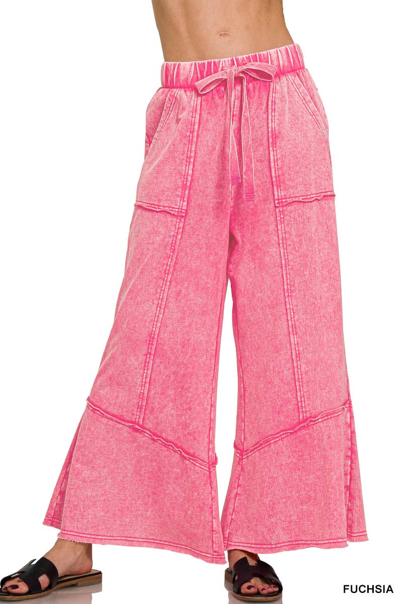 `Acid Washed Flare Hem Pants With Pockets Zenana