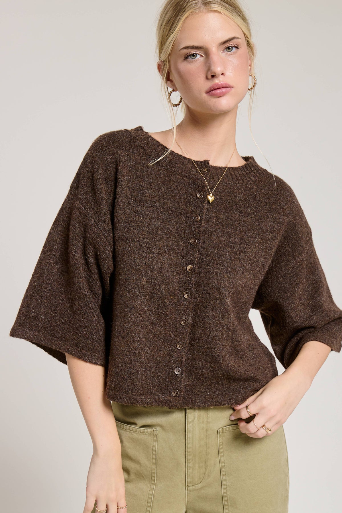 Wide Sleeve Button Front Knit Cardigan