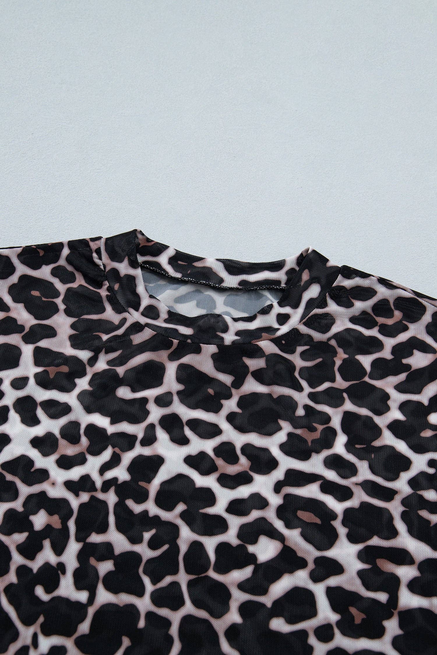 PRETTY BASH Leopard Sheer Mesh Short Sleeve Top