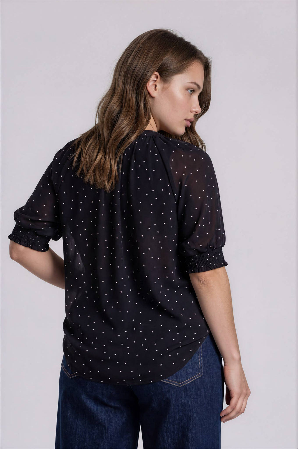 PLUS PINTUCK POLKA DOT BUTTON DOWN PUFF SLEEVE TOP