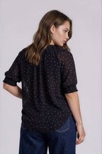 PLUS PINTUCK POLKA DOT BUTTON DOWN PUFF SLEEVE TOP