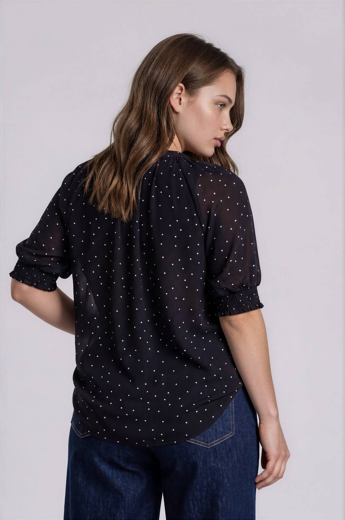 PLUS PINTUCK POLKA DOT BUTTON DOWN PUFF SLEEVE TOP