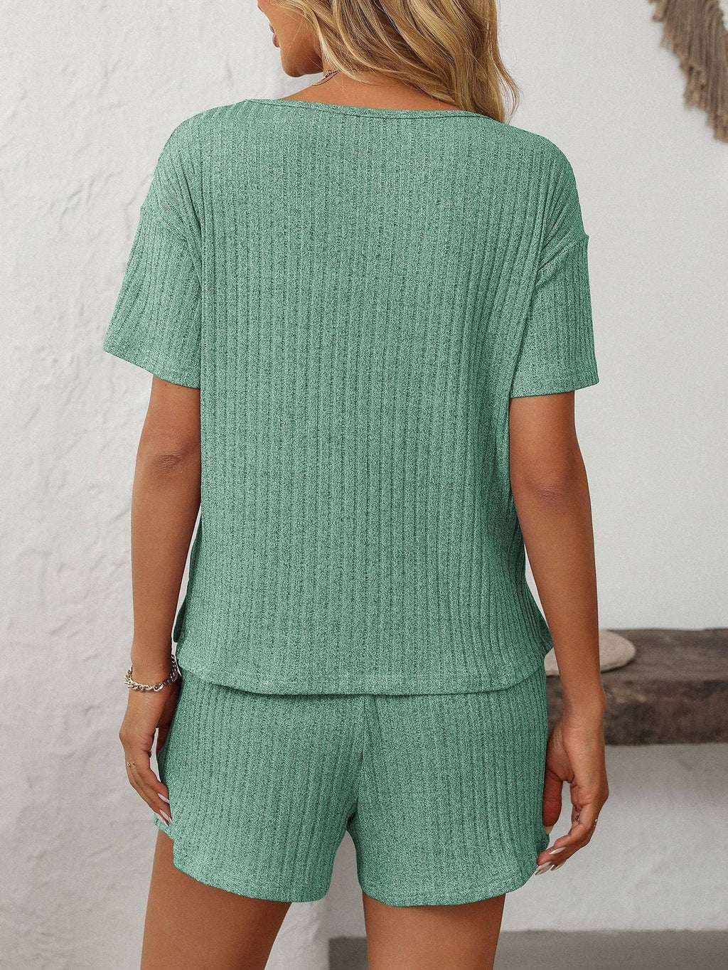 Solid Color Ribbed Short-Sleeve Pajama Loungewear Set