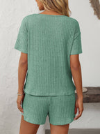 Solid Color Ribbed Short-Sleeve Pajama Loungewear Set