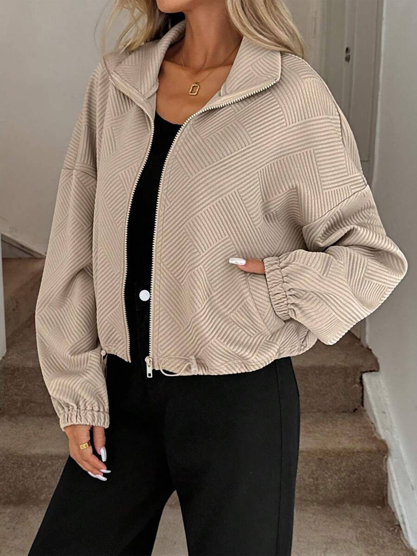 Turtleneck Zipper Drawstring Jacket