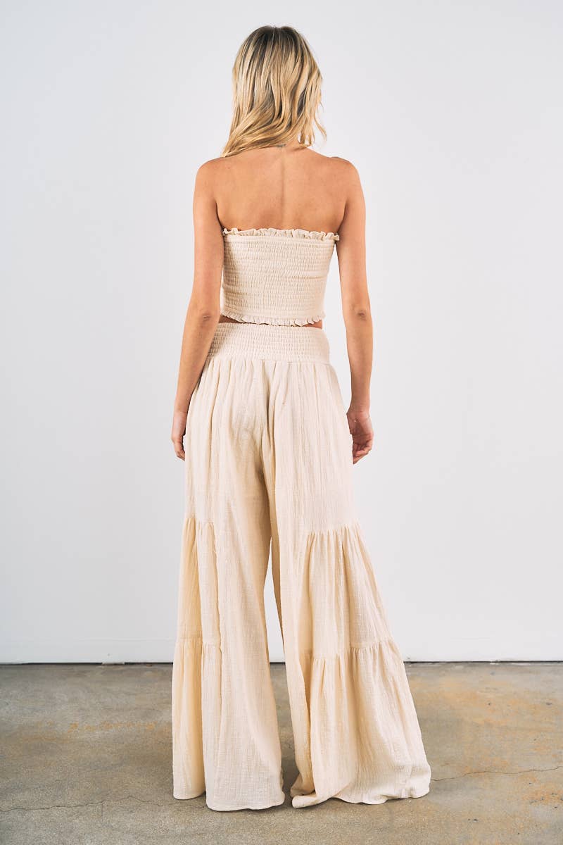 7953SET-Smocked Tube Crop Top with Wide Leg Pants Set