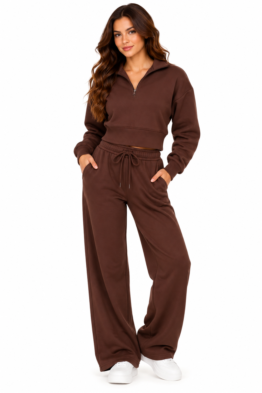 Fleece lined crop 1/4 zipper sweatshirt with pants sweat set