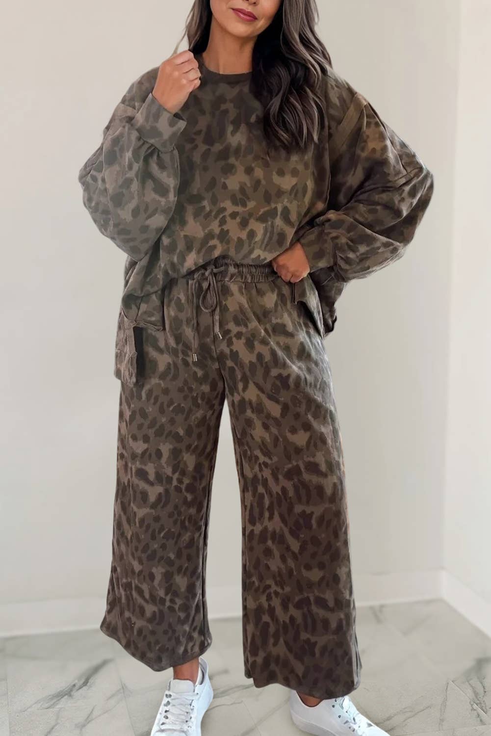Leopard Print Loose Fit Pullover & Pant Set