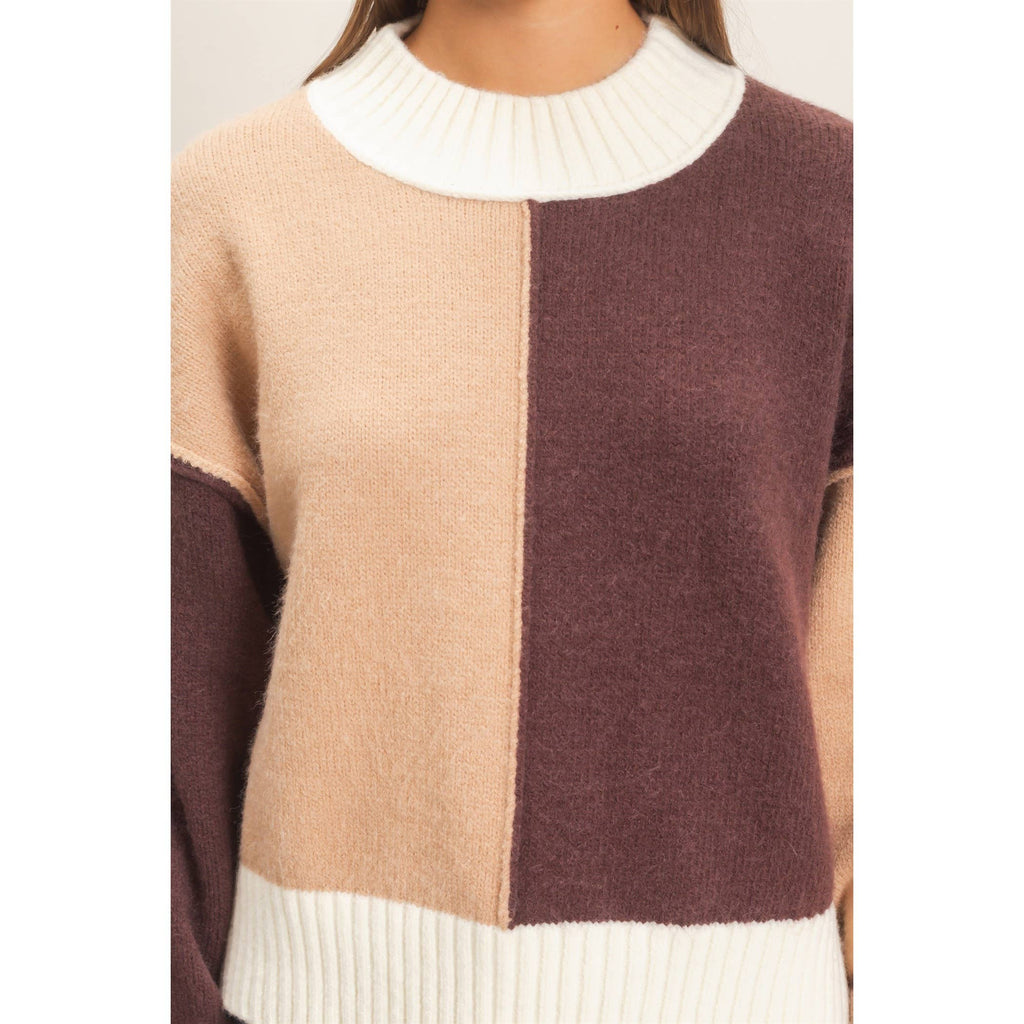 Color Block Mock Neck Sweater