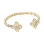 14K Gold Plated CZ Stone Paved Center Mother of Pearl Floral Clover Tip Cuff Bracelet