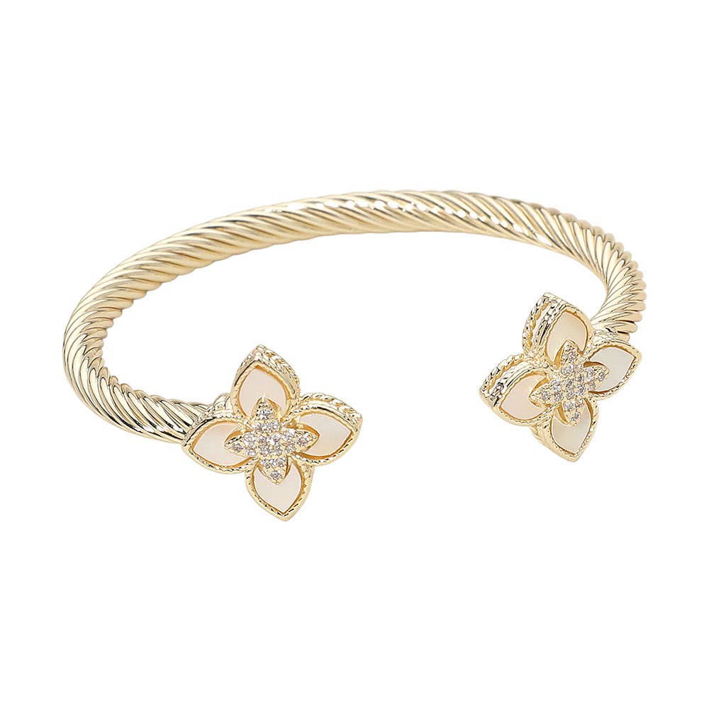 14K Gold Plated CZ Stone Paved Center Mother of Pearl Floral Clover Tip Cuff Bracelet